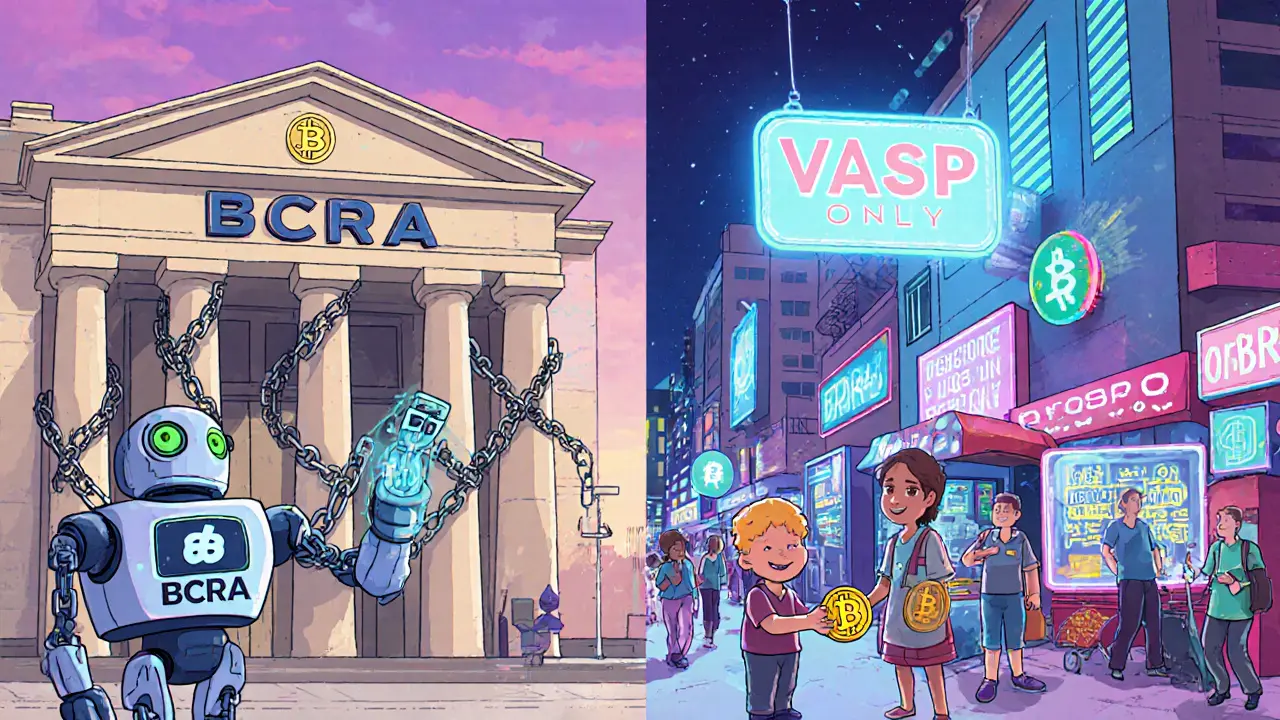 Une séparation visuelle entre une banque fermée et un marché numérique dynamique en Argentine, avec des kiosques de conversion crypto-pesos.