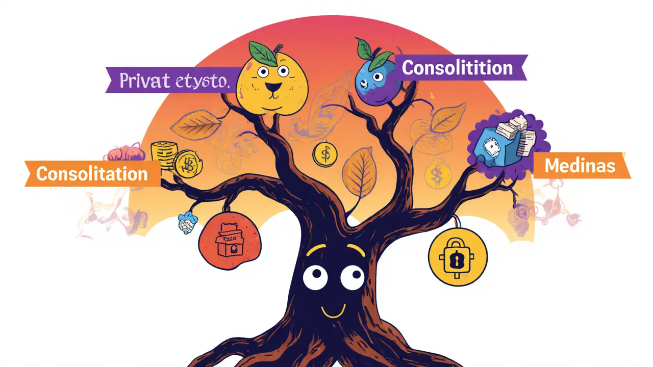 Arbre aux quatre branches de DLT portant des fruits correspondant à leurs usages, dans un style cartoon CalArts.