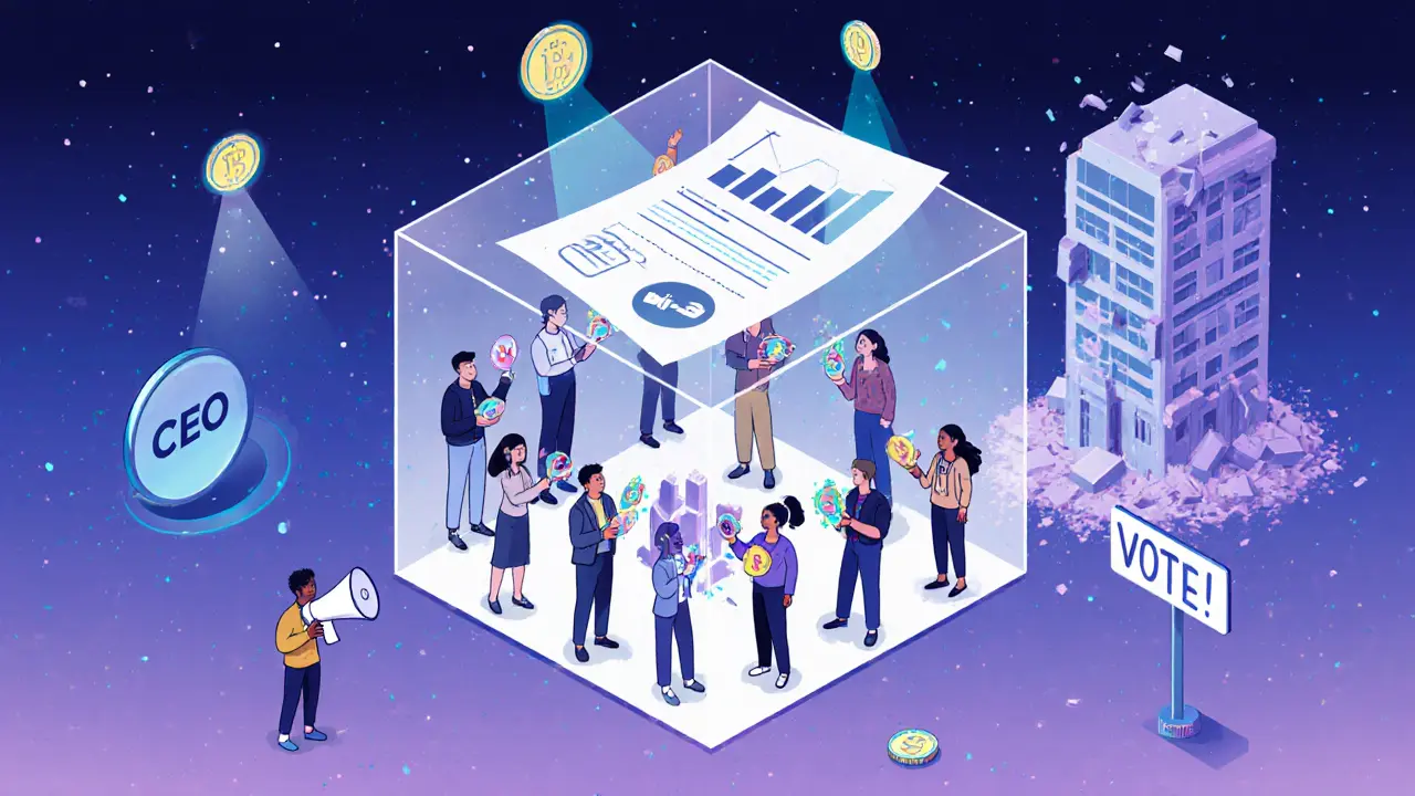 Communauté votant dans un cube blockchain, tokens et contrats intelligents en l&#039;air.