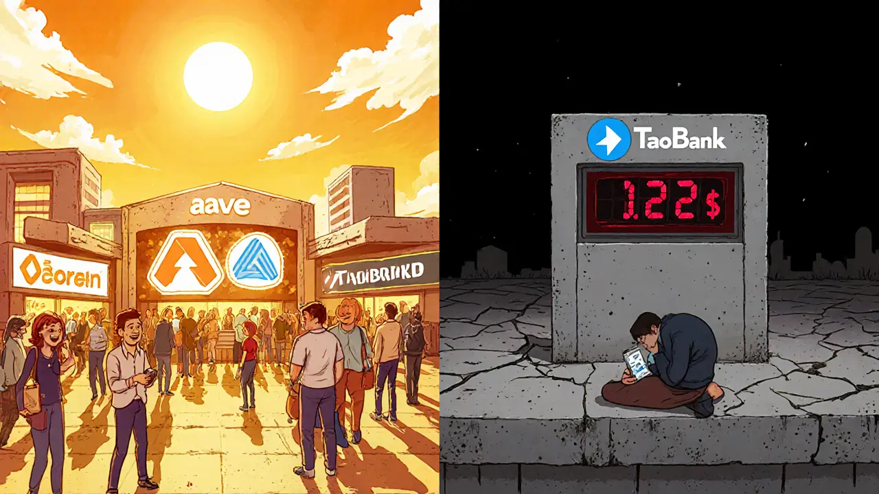 Comparaison entre un écosystème DeFi vivant et le protocole abandonné TaoBank.