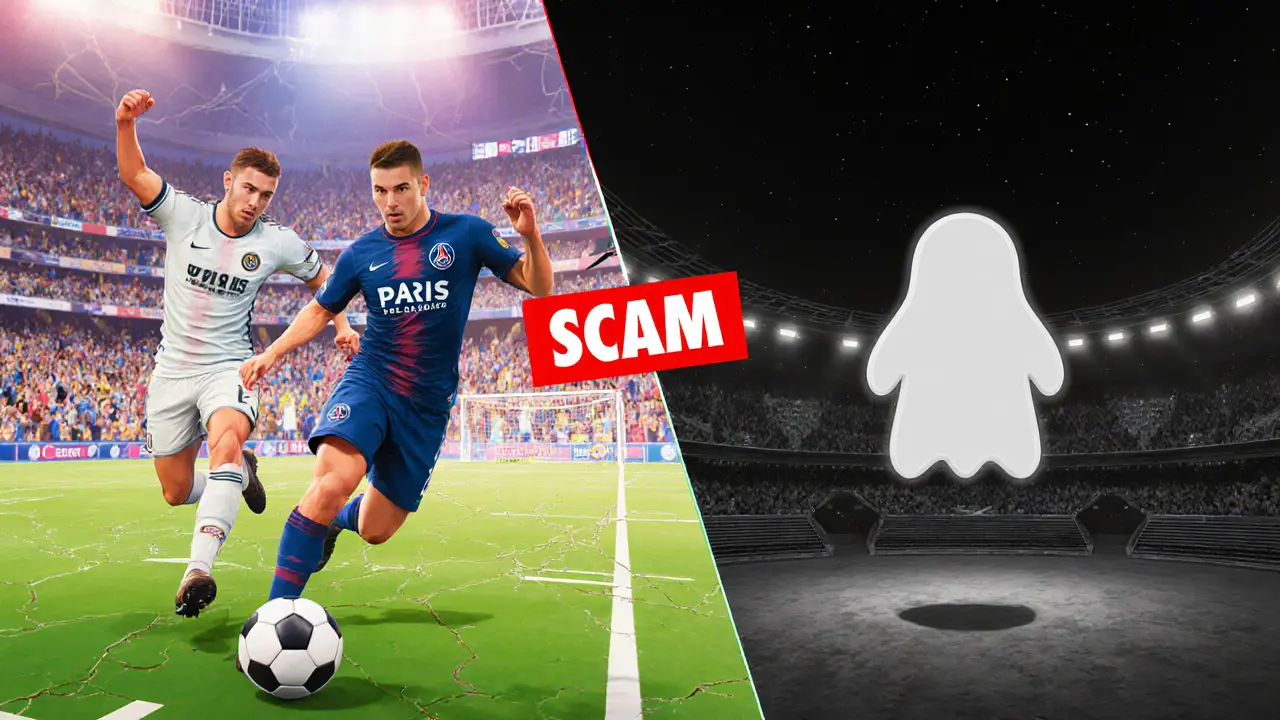 Contraste entre un métavers football vivant à gauche et un stade abandonné TopGoal à droite, séparé par un avertissement de fraude.