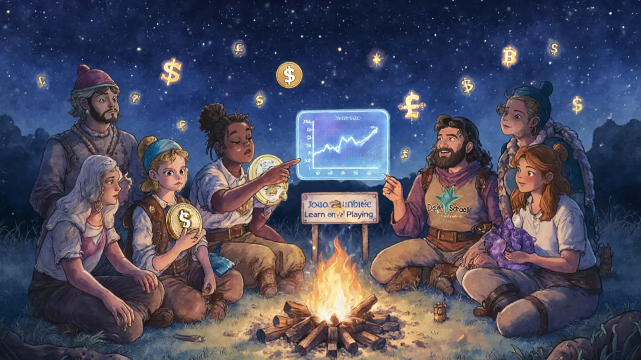 Des aventuriers discutent autour d&#039;un feu de camp, regardant un graphique montrant la chute des utilisateurs actifs de DeFi Kingdoms.