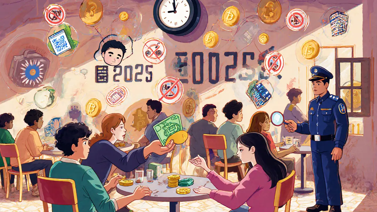 Des personnes échangent des dirhams contre des cryptos dans un café de Casablanca, sous l&#039;œil d&#039;un policier.