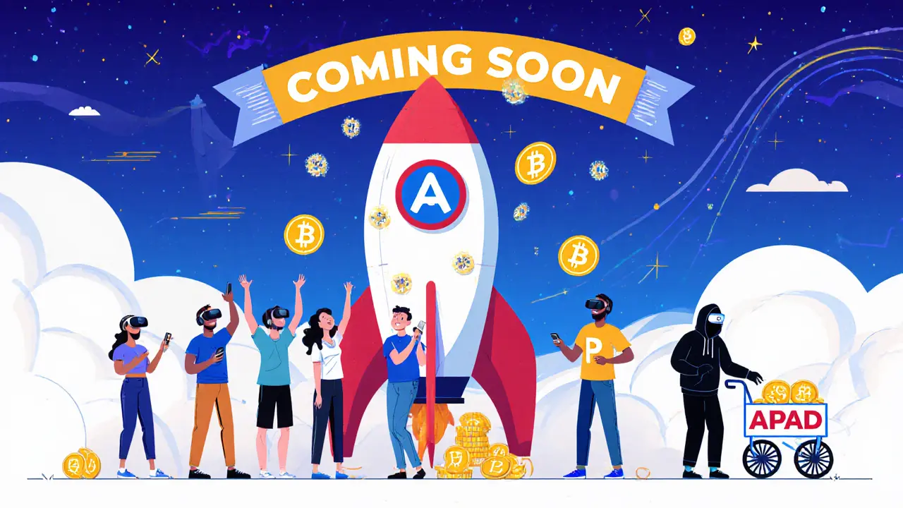 Des utilisateurs célèbrent des jetons APAD tombant du ciel sur une plateforme de lancement incomplète, tandis qu&#039;un vendeur tente de vendre des jetons falsifiés.