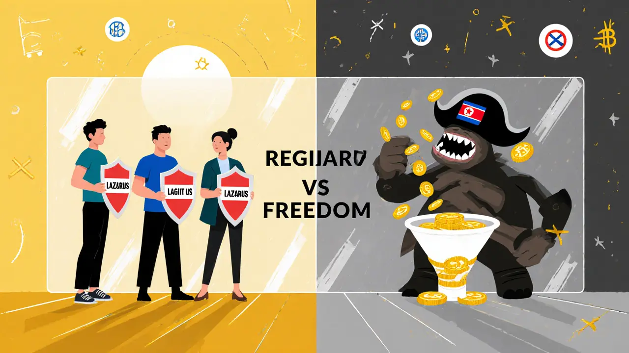 Des utilisateurs légitimes face à un pirate cybernétique, séparés par un mur entre vie privée et régulation.