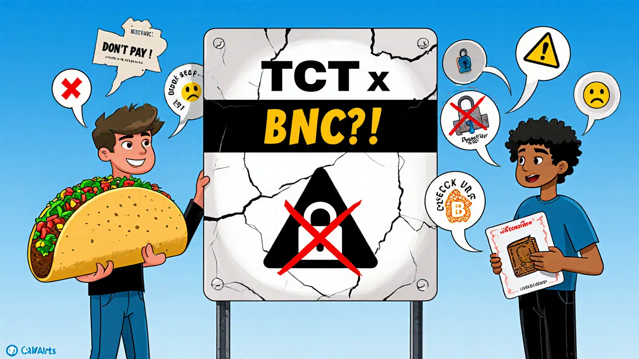 Deux personnages sur des côtés opposés d&#039;un panneau &#039;TCT x WC? NO!&#039; avec des avertissements anti-arnaque.