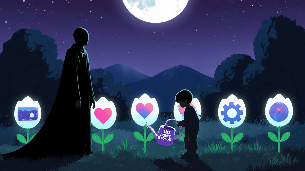 Jardin mystérieux aux six plantes symbolisant les plateformes Felysyum, arrosé par un enfant sous la lune.