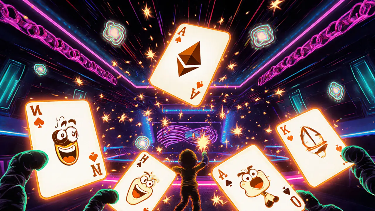 Joueur en combat avec des cartes magiques dans une arène néon, un jeton $WC flottant au-dessus.