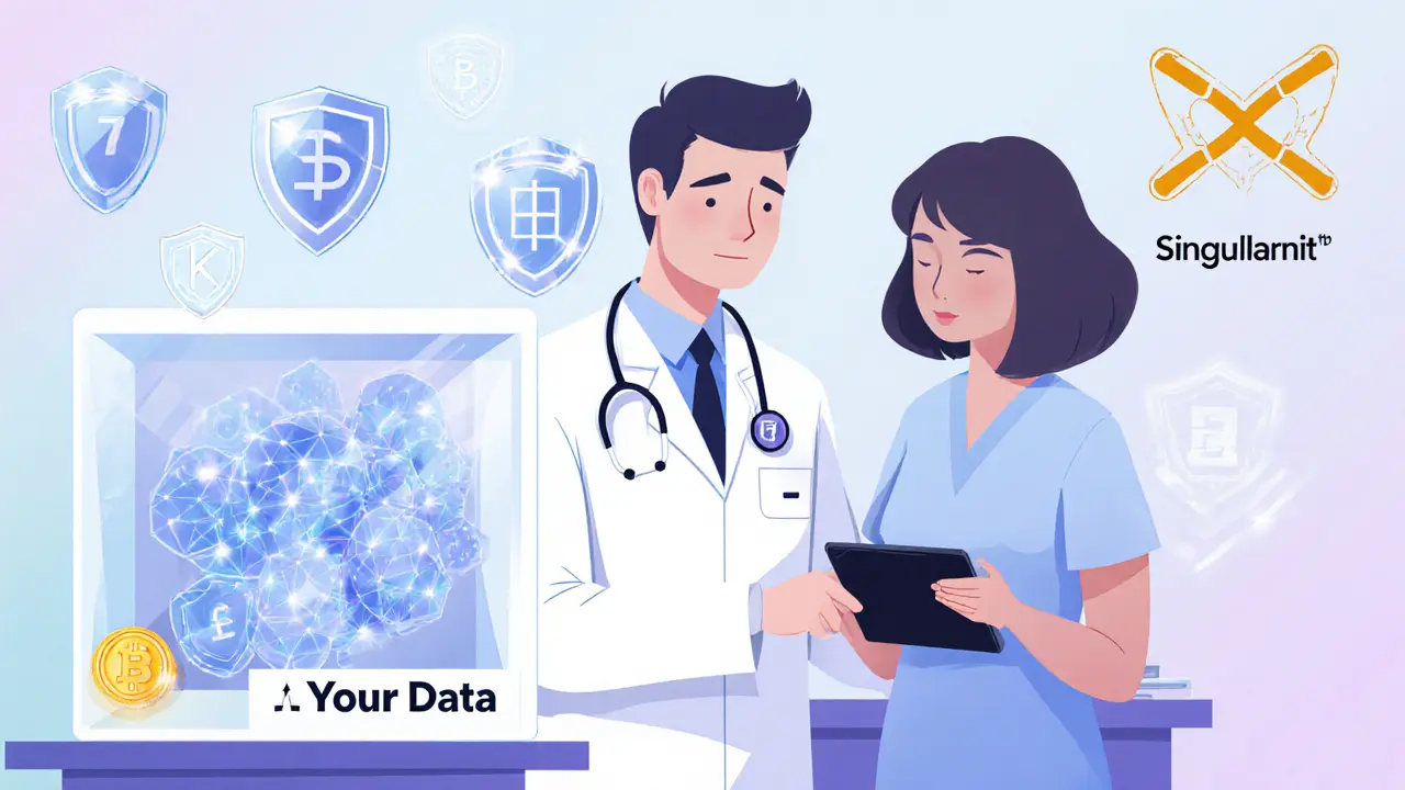 Médecin reçoit un diagnostic d&#039;IA sans voir les données patients, protégées dans une boîte verrouillée, vérifiées par des boucliers lumineux.