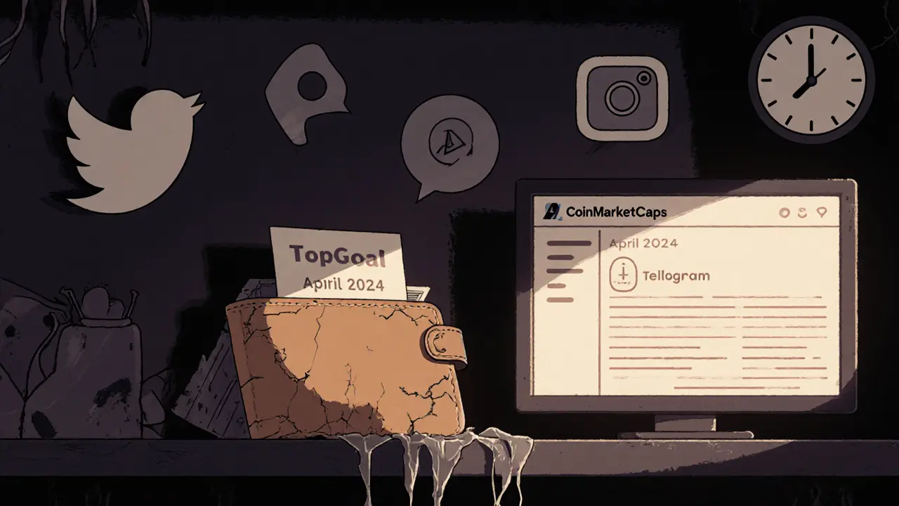 Portefeuille numérique isolé tenant un NFT TopGoal, entouré de réseaux sociaux inactifs et d’une horloge figée.