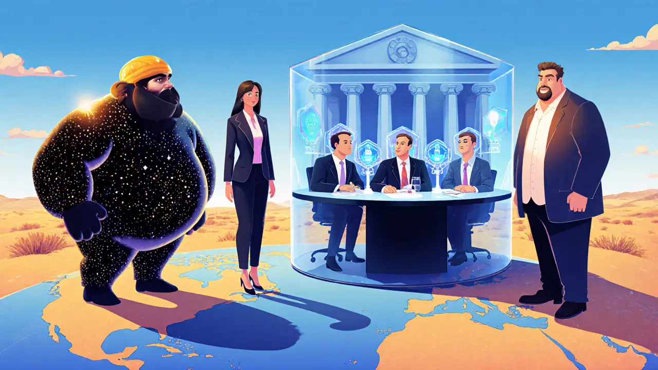 Quatre personnages représentant les types de DLT : public, privé, consortium et hybride, dans un style cartoon CalArts.