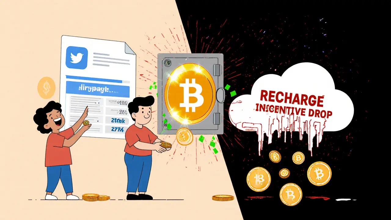 Quatre types d&#039;airdrops légitimes illustrés côte à côte, avec un projet frauduleux en arrière-plan qui s&#039;effondre.