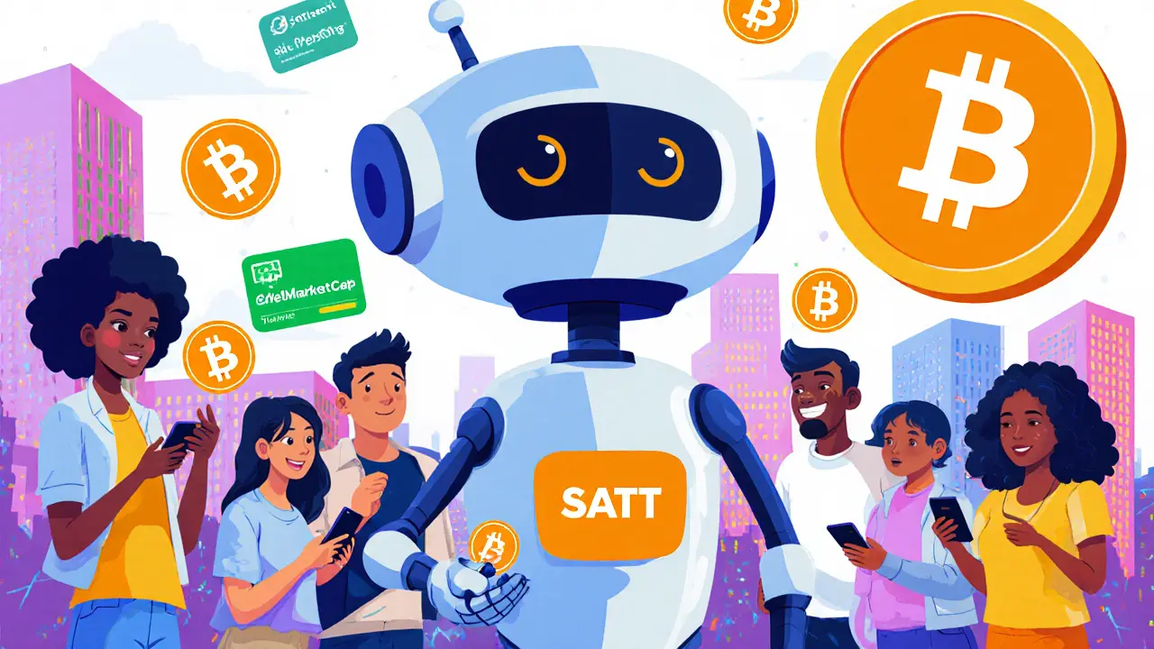 Robot amical distribuant des jetons SATT à des utilisateurs connectés à leur portefeuille Ethereum dans une ville numérique.