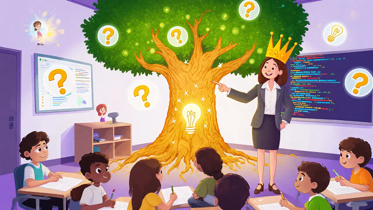 Salle de classe SkillFullHub avec des élèves apprenant la blockchain grâce à des hologrammes colorés et interactifs.