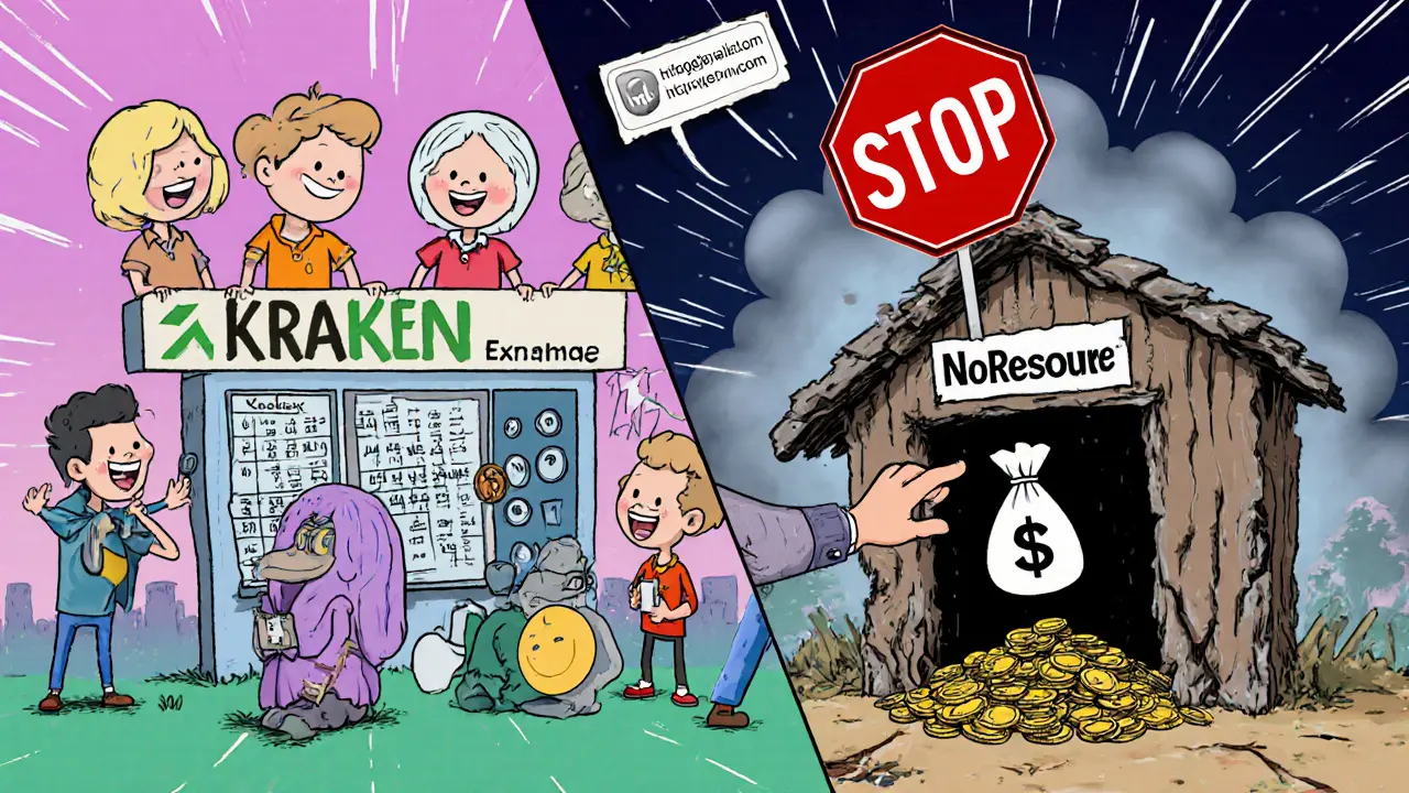 Scène divisée : un échange crypto légitime vibrant contre une cabane délabrée nommée UniDex avec un trou noir.