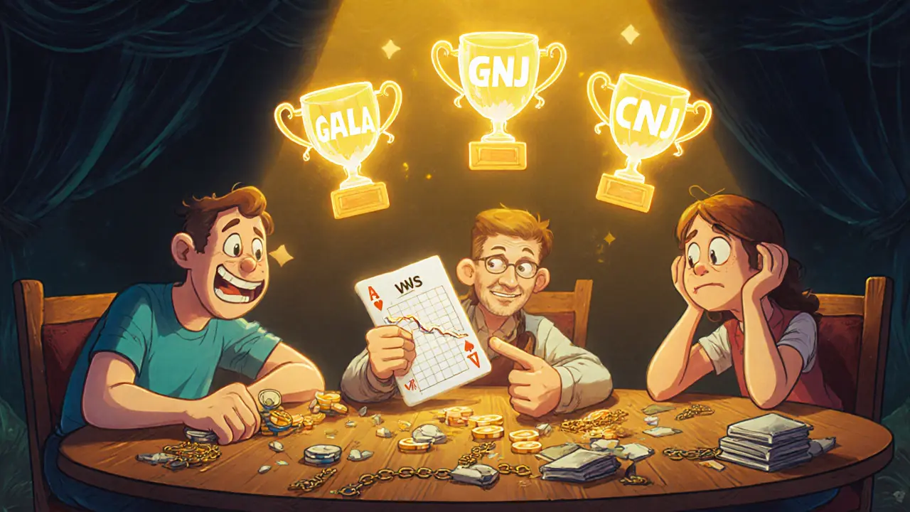 Trois personnages à une table : l&#039;un joue avec CWS, un autre voit son prix chuter, le troisième pointe vers des alternatives plus sûres comme GALA et ENJ.