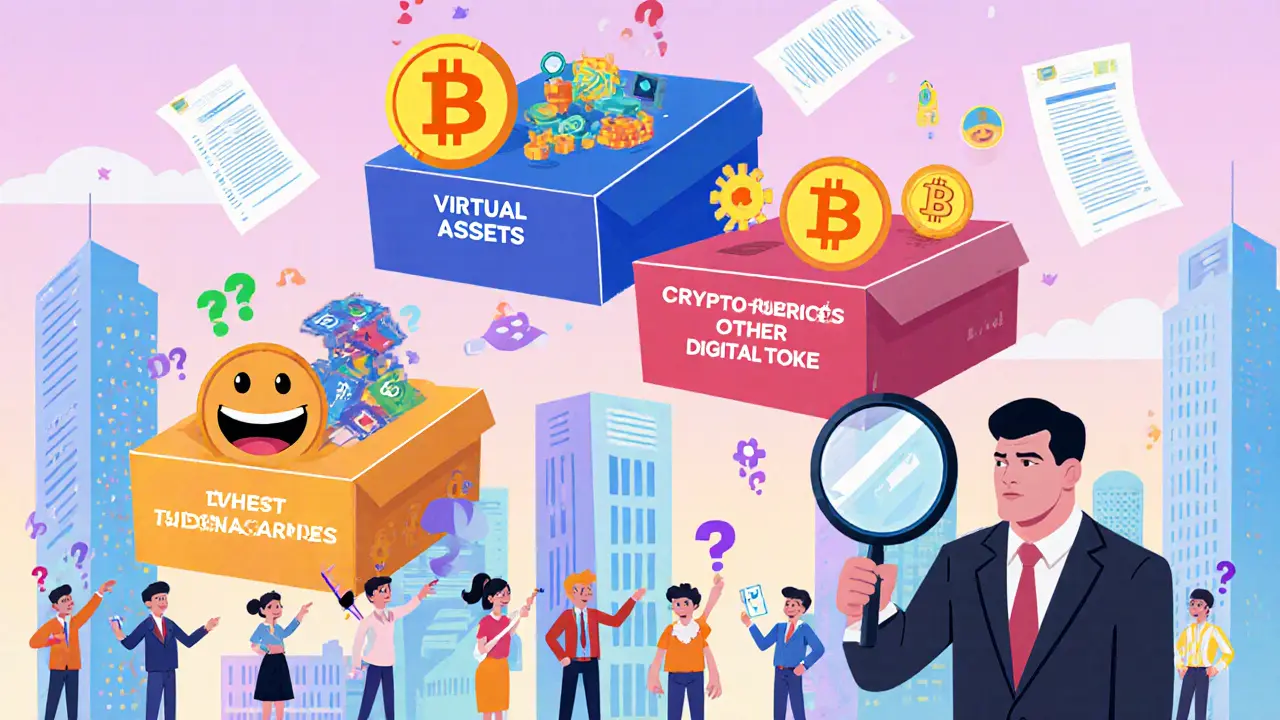 Trois types d&#039;actifs numériques illustrés comme des objets colorés avec des citoyens vietnamiens les observant.