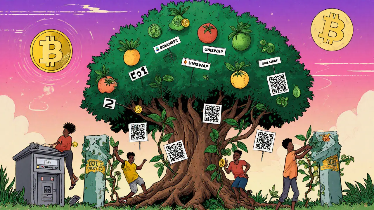 Un arbre crypto géant poussant sur des distributeurs bancaires brisés, avec des utilisateurs récoltant des pièces numériques sur des liens QR.