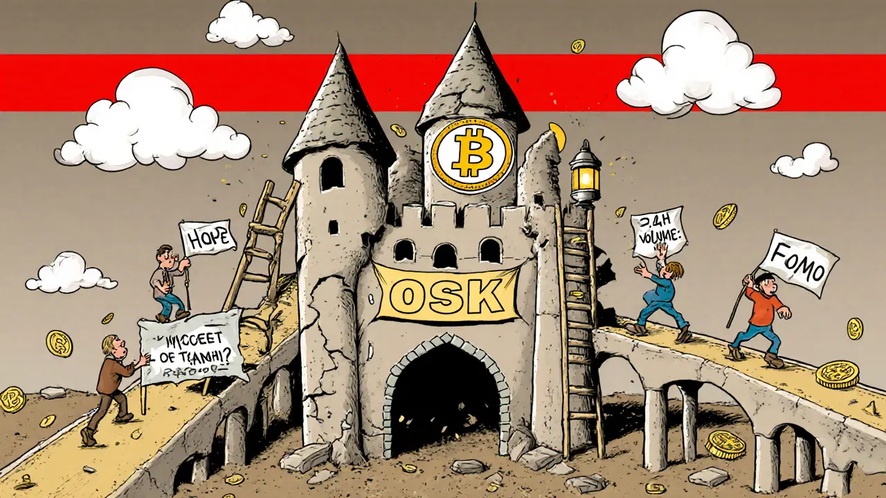 Un château de jetons OSK en ruine, avec des voyageurs qui tombent dans un vide.