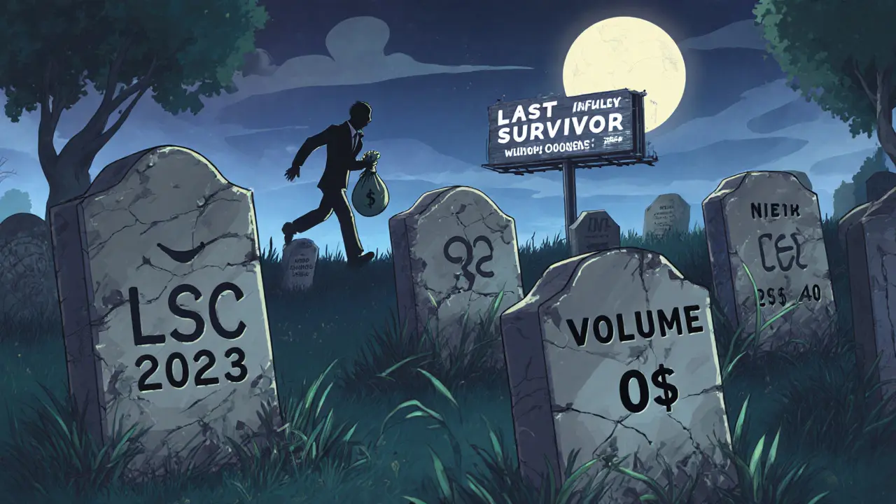 Un cimetière de jetons morts avec une stèle &#039;LSC - 2023&#039;, un influenceur s&#039;enfuit avec de l&#039;argent, sous un ciel lunaire sombre.