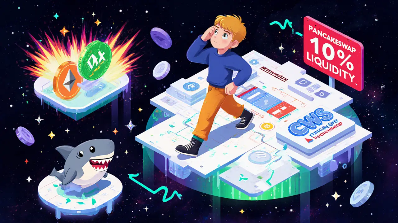 Un débutant tente d&#039;échanger des cryptos contre CWS sur une interface décentralisée compliquée, entouré de frais de gaz et d&#039;avertissements.