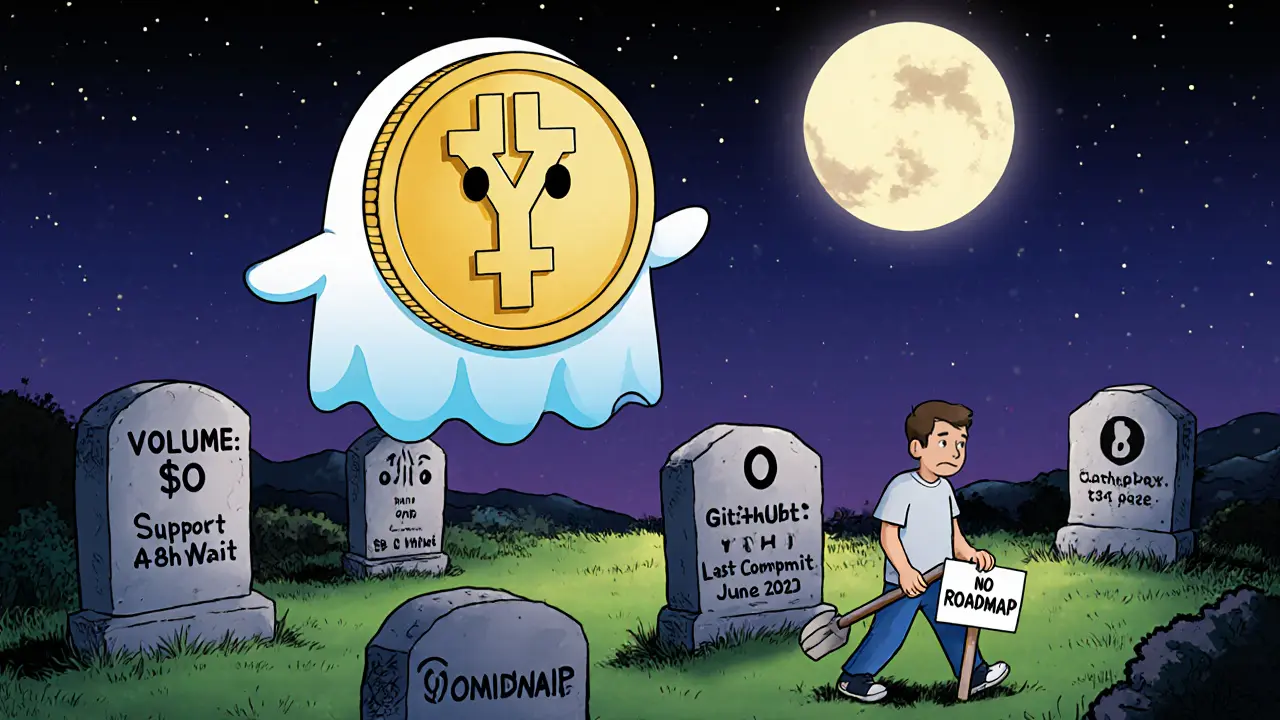 Un fantôme YOSHI au cimetière des projets crypto morts, sous une lune en forme de zéro.