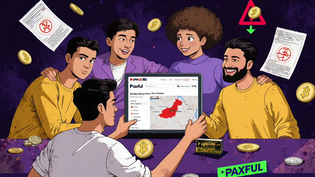 Un groupe d&#039;amis effectue un échange P2P de crypto-monnaies avec des reçus et une carte du Moyen-Orient.