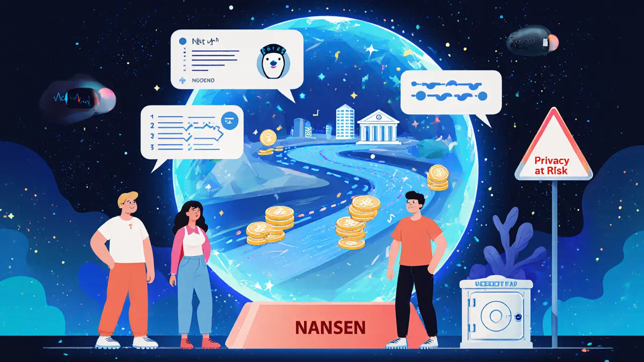 Un groupe d&#039;utilisateurs regardant une boule de cristal AI projetant des signaux on-chain, avec un flux de crypto entre banques.
