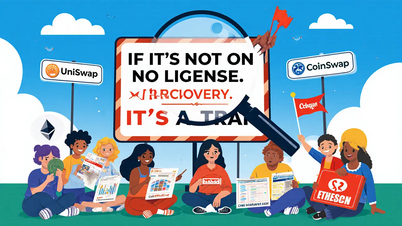 Un groupe de victimes d&#039;arnaque examine des preuves de fraude crypto sous un grand avertissement.