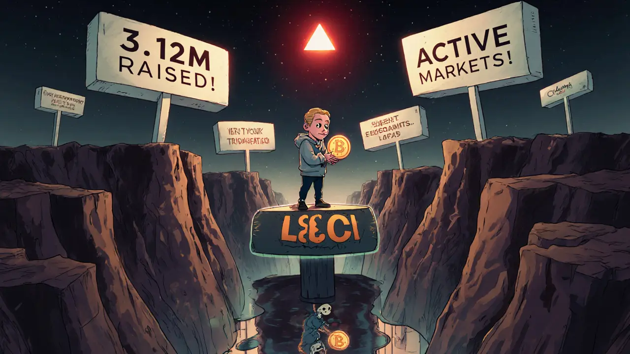 Un investisseur isolé entouré de faux signaux de succès, tandis que des chats Telegram vides et des dépôts GitHub abandonnés s&#039;étendent à l&#039;horizon.