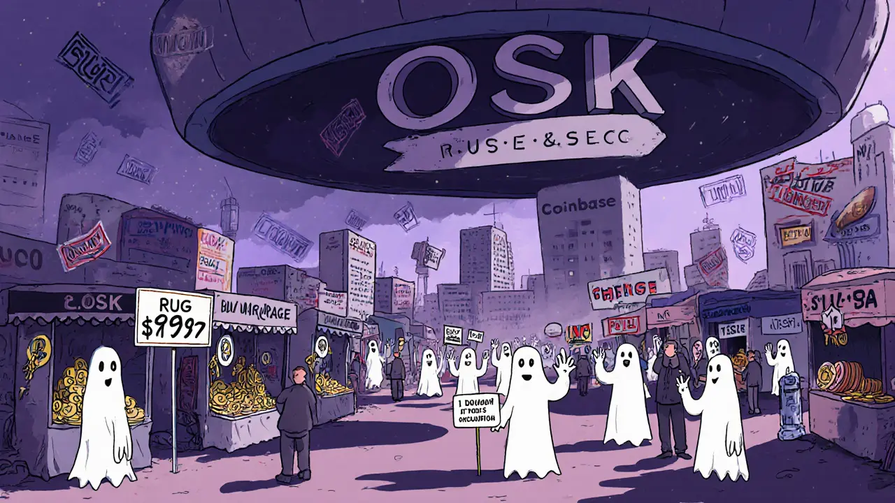 Un marché vide où des fantômes de traders quittent des étals de jetons OSK sans acheteurs.