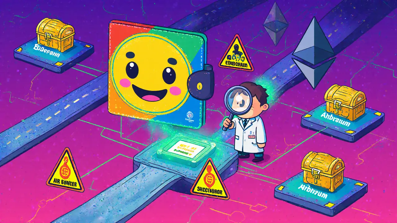 Un portefeuille numérique connecté à plusieurs blockchains, avec des coffres verrouillés marqués &#039;Airdrop Futur&#039; et des avertissements de fraude.