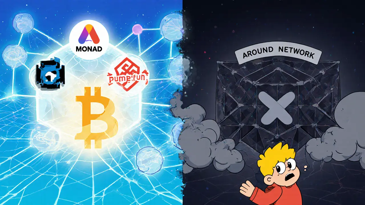 Un réseau blockchain légitime brillant face à une structure fantôme qui s&#039;effondre.