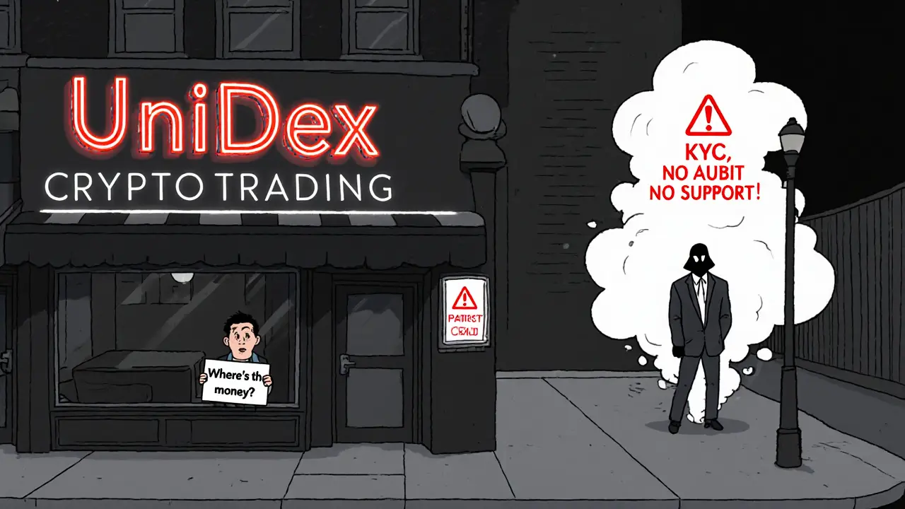 Un restaurant vide avec une enseigne &#039;UniDex Crypto Trading&#039;, symbolisant l&#039;absence totale de transparence.