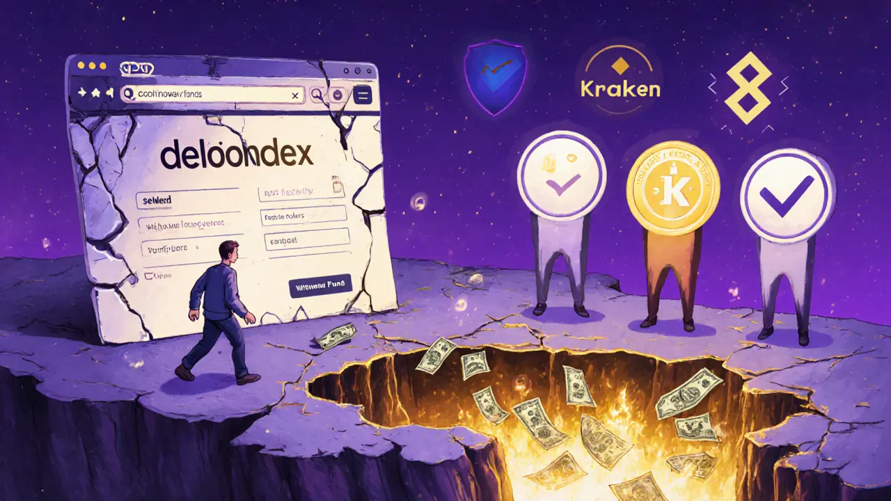 Un site web factice Deliondex s&#039;effondre en poussière tandis que des exchanges légitimes brillent en sécurité.