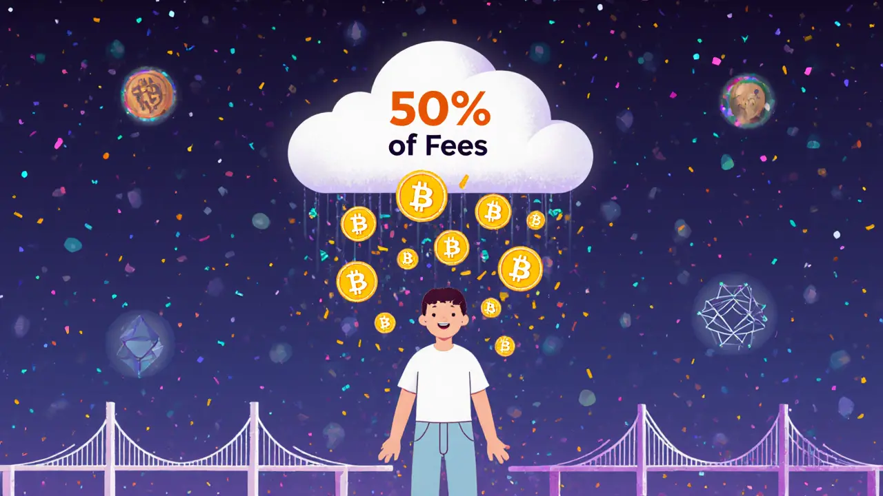 Un trader reçoit des récompenses en Bitcoin et USDT tombant du ciel, entouré de tokens BTS.