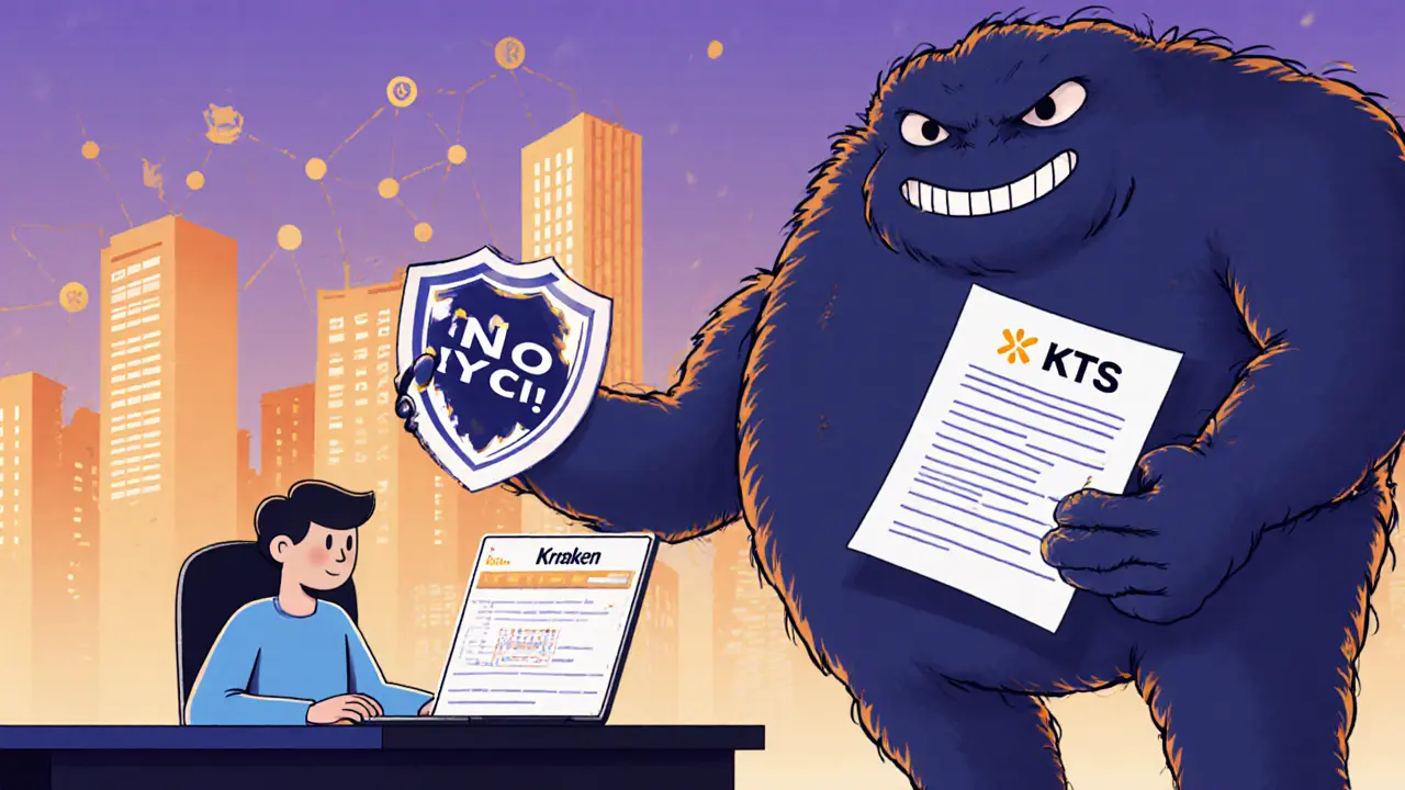 Un trader résiste à un monstre réglementaire en tenant un bouclier &#039;No KYC&#039; devant une interface décentralisée.