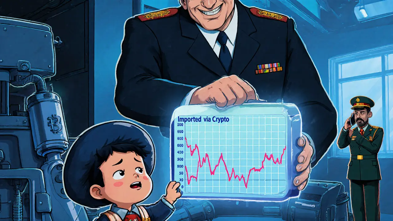 Un travailleur regarde un prix de Bitcoin qui chute, tandis qu&#039;on lui remet un respirateur importé grâce à la cryptomonnaie.