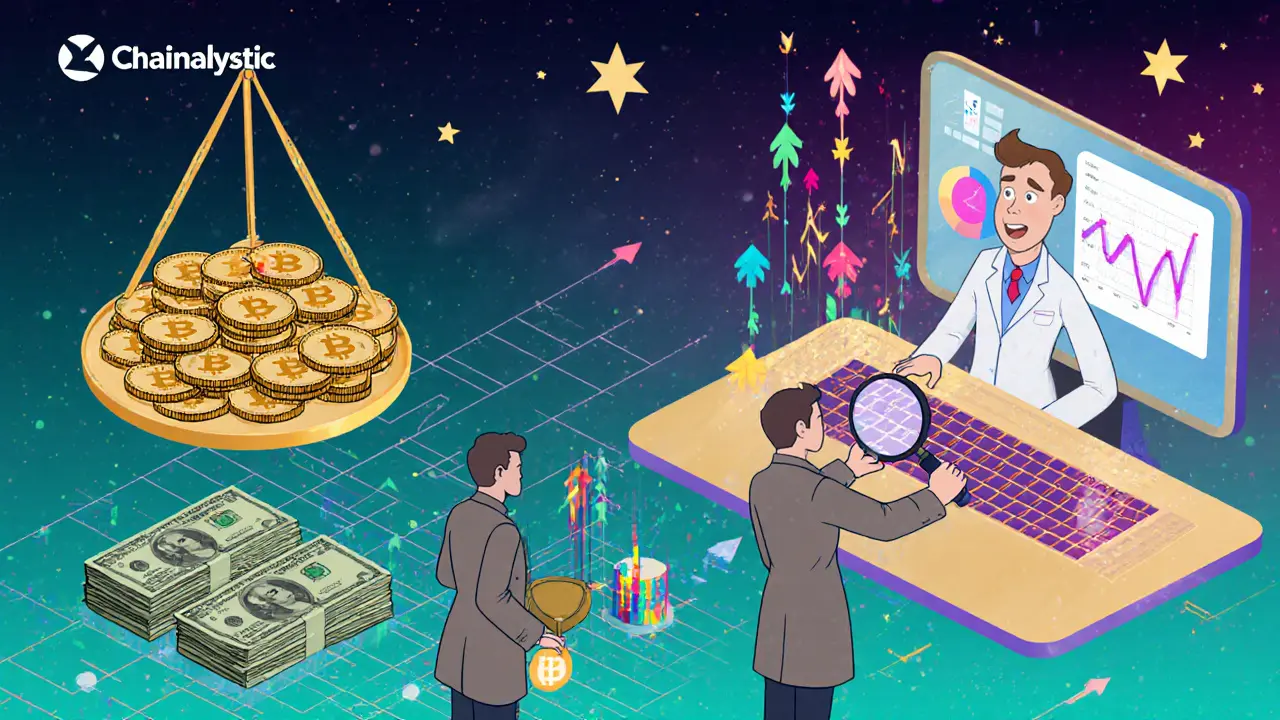 Une balance numérique pesant Bitcoin contre des dollars, avec des agents Chainalysis et un inventeur Dune en arrière-plan.