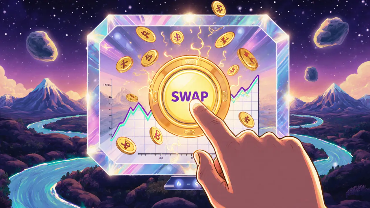 Une main clique sur un bouton de swap dans une interface magique, avec des tokens flottants et un graphique de slippage.