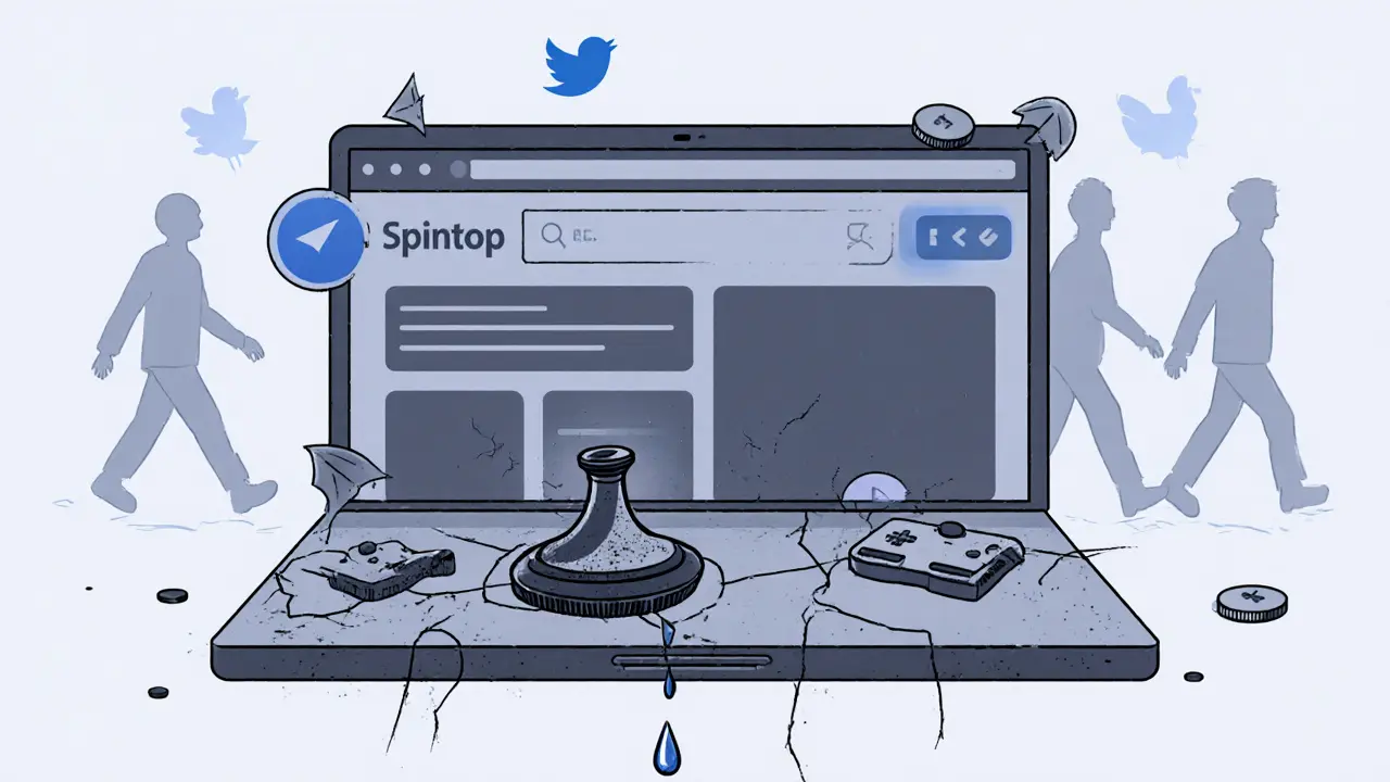 Une toupie SPIN abandonnée sur un site web mort, entourée d&#039;icônes Twitter et Telegram silencieuses.