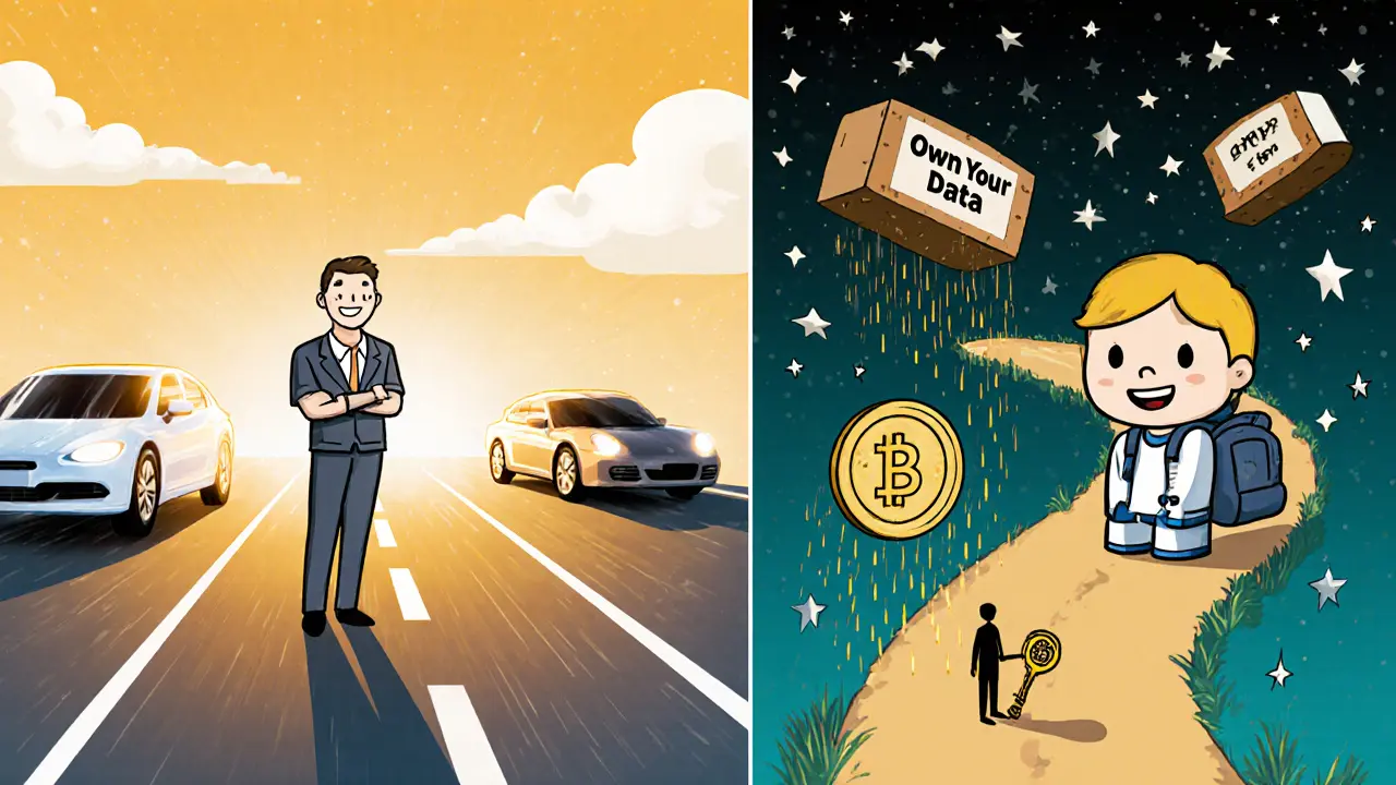 Utilisateur au carrefour entre une route fluide et un sentier décentralisé avec clé et frais de gaz.