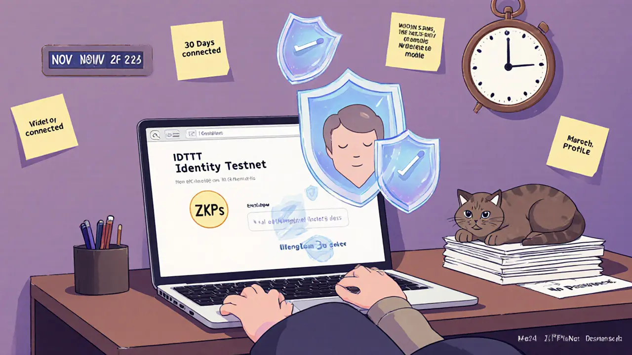 Utilisateur vérifiant son identité sur un testnet IDTT avec des preuves cryptographiques flottantes.