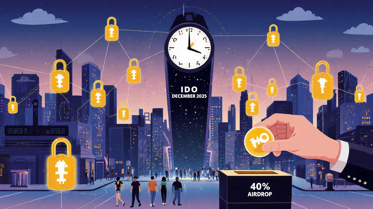 Ville futuriste où les identités numériques alimentent des services essentiels comme la banque et le vote.