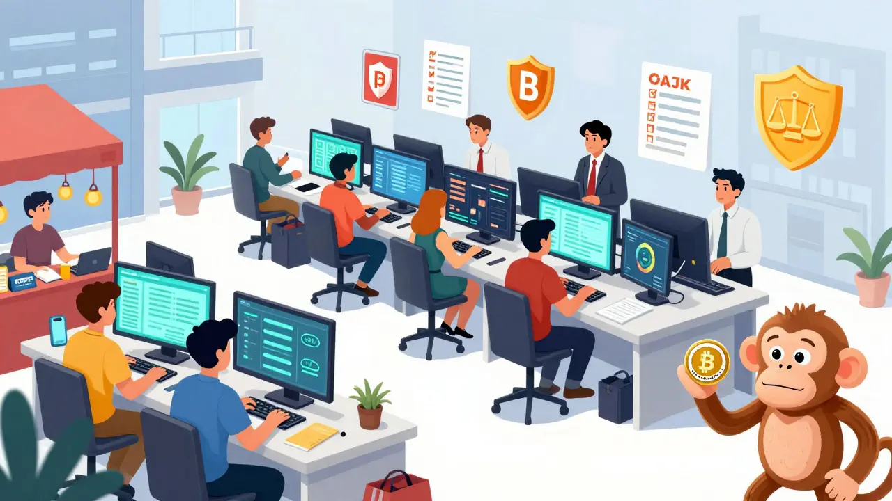 Bourse crypto indonésienne transformée en centre financier régulé par l'OJK, avec des traders et des inspecteurs dans un décor coloré.