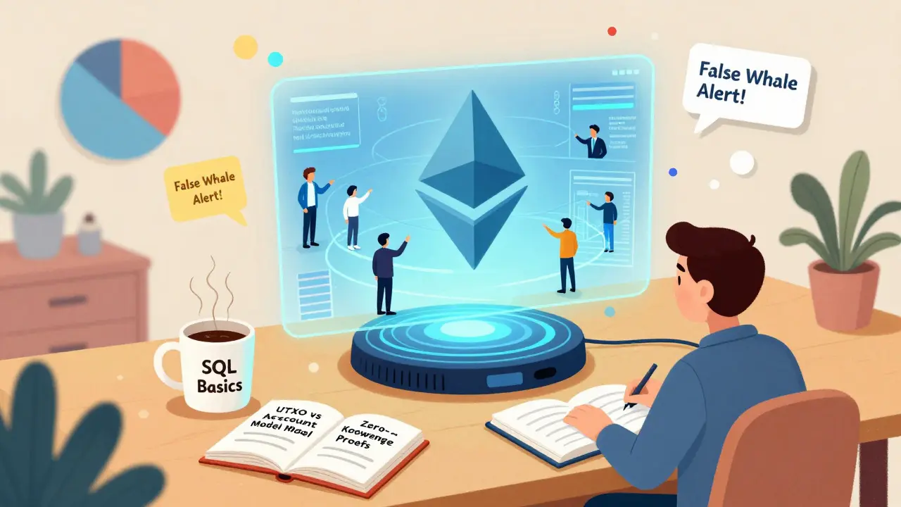 Bureau d'analyste crypto avec une blockchain holographique et des livres sur l'analyse on-chain en style CalArts.