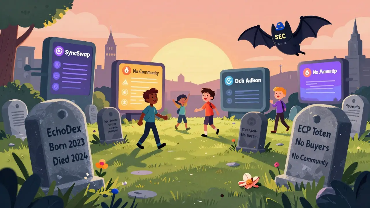 Cimetière des projets crypto avec une tombe EchoDex, tandis que d'autres DEX prospèrent en arrière-plan.