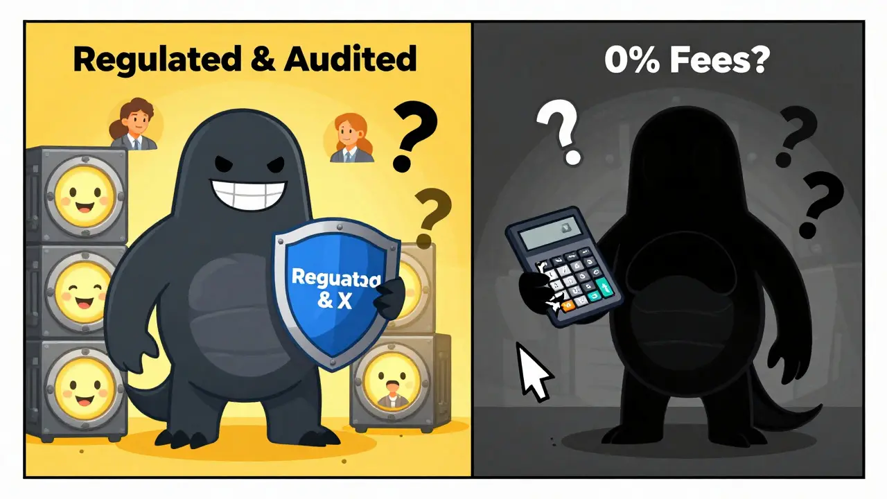 Comparaison cartoon : Kraken sécurisé vs Chronos Exchange vide et menaçant.