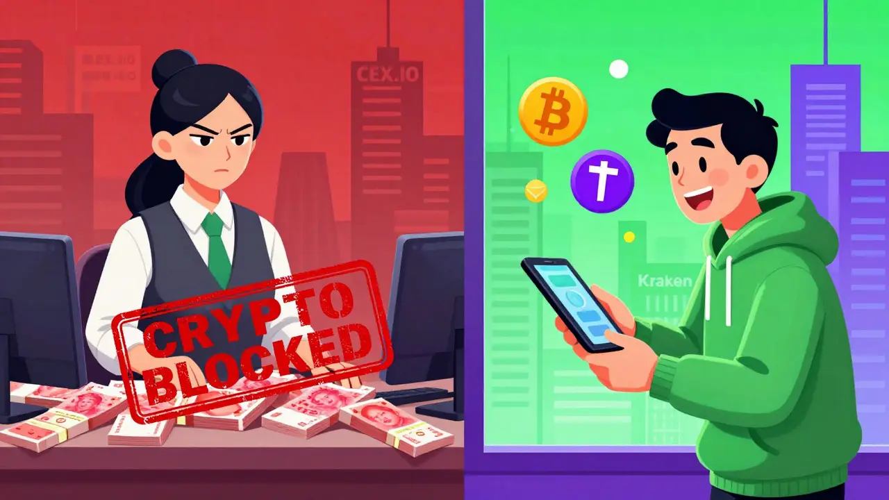 Contraste entre une banque interdisant les crypto et un échange P2P fonctionnant discrètement.