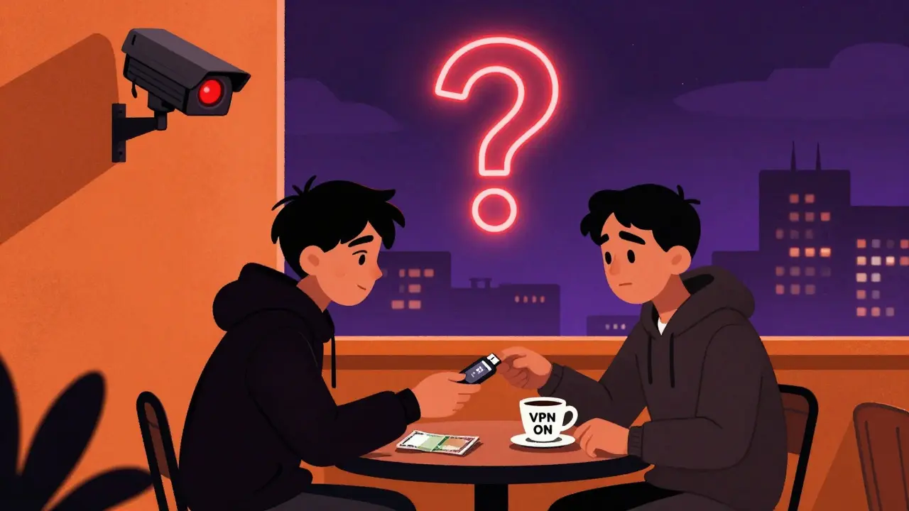 Deux personnes échangent un USB contre des dinars dans un café, sous une caméra de surveillance rouge.